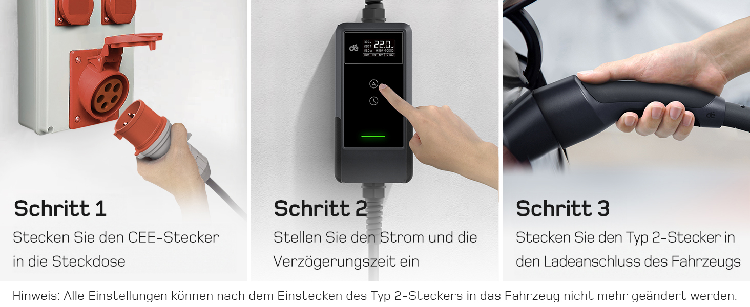 Зарядна станція для електромобілів Dé 11 кВт (3 фази, 6-16A) з регульованою потужністю, кабель CEE 16A - Type 2, сумісна з Model Y/3, ID.3/4/5, MG4, EX30, e-up, e-tron та BEV/PHEV, комплект 7м