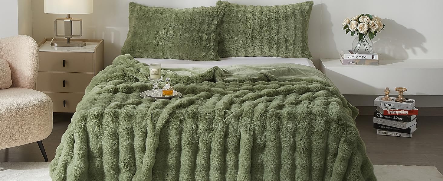 М'яка плюшева ковдра Luofanfei 180x200 см, салатово-кремовий колір, з ефектом 