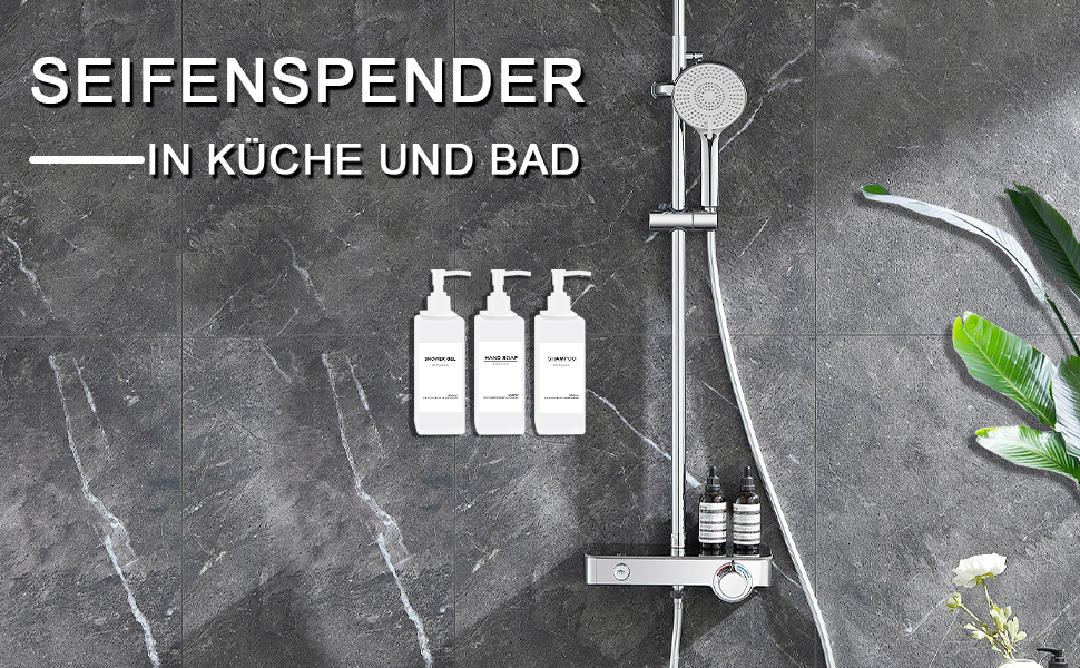 Набір з 3 дозатори для мила Roselee на стіну, без свердління, 500 мл. Дозатори для душу, шампуню та пінної ванни з етикетками для ванної кімнати та кухні (Білий)
