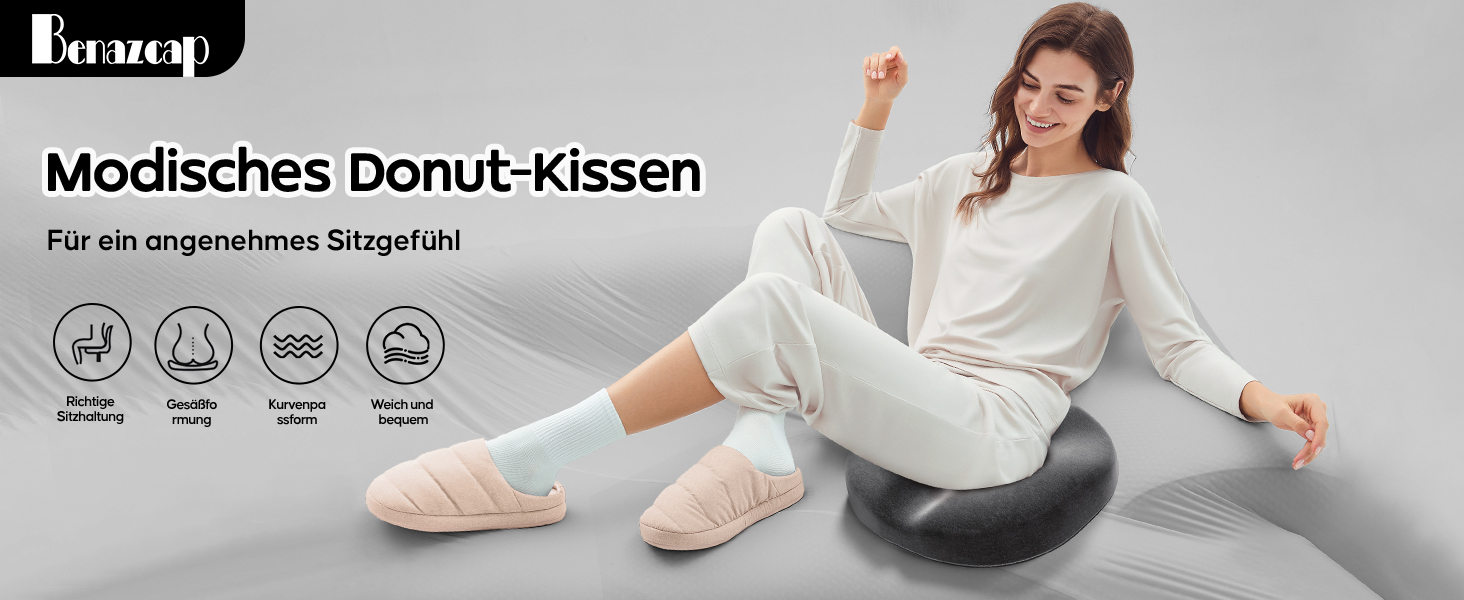 Ортопедична подушка для сидіння Benazcap Donut - для офісних крісел, авто та інвалідних візків. З memory foam для геморою, ішіасу, вагітності та після пологів (сіра)