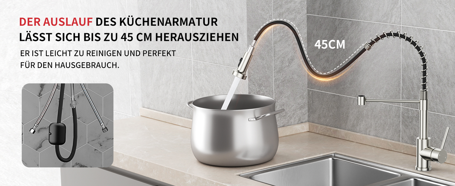 Кухонний змішувач Rainsworth з нержавіючої сталі з двома режимами струменя та висувною лійкою, 360° обертання, висота 45 см