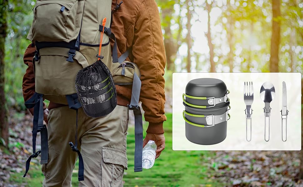 Набір кухонного посуду ERBO для кемпінгу, 2 особи: каструля з алюмінію, складане приладдя, для пікніків, риболовлі та походів (зелений)