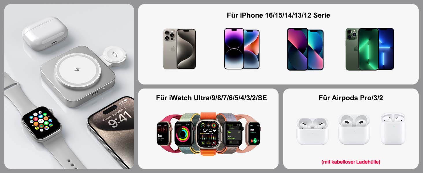 Бездротова зарядка MagSafe для Apple Watch та iPhone, сумісна з iPhone 16/15/14/13/12, iWatch, AirPods Pro 3/2 (срібна)
