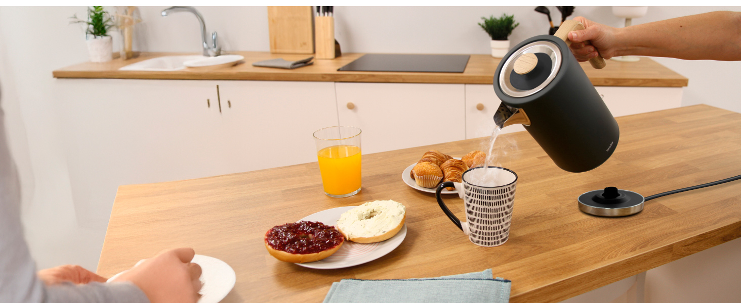 Тостер Briebe Nordic Set з широкими слотами та підставою для бургерів, 6 режимів підсмажування + Електричний чайник 1,7л, 2200W, чорний, набір для сніданку