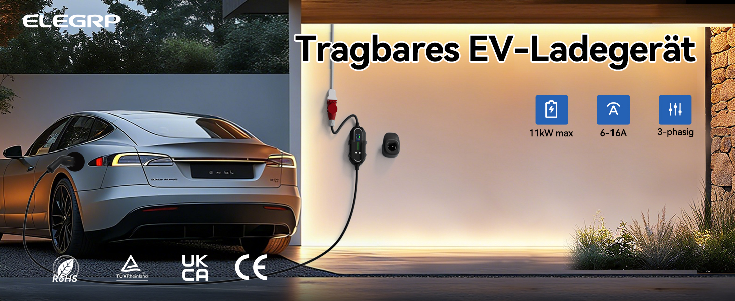 ELEGRP Wallbox 11 кВт мобільна зарядка для електромобілів Type 2, 3 фази, 6-16A, кабель 7м, IP67, IEC 62196-2