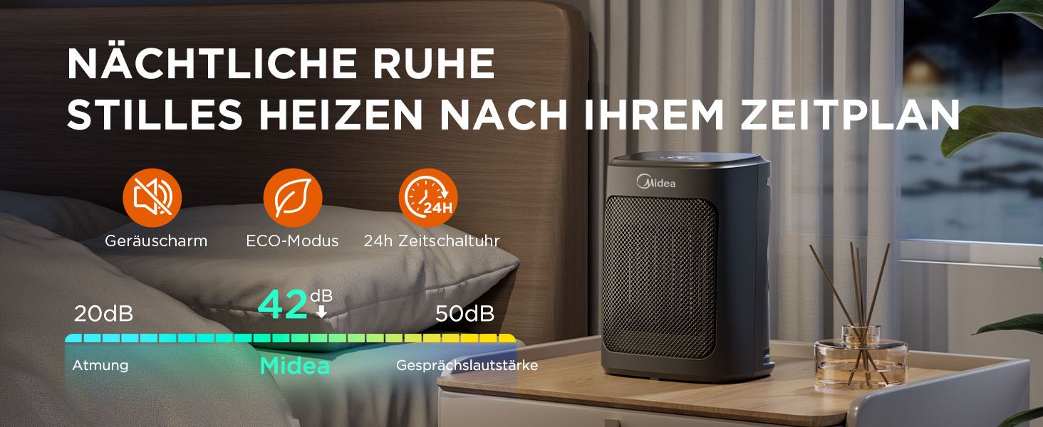 Електричний обігрівач Midea Ceramic 2000W з термостатом, 3 режими, таймер 24г, захист від перегріву та перекидання, миттєве тепло для офісу та спальні, 22 см, чорний