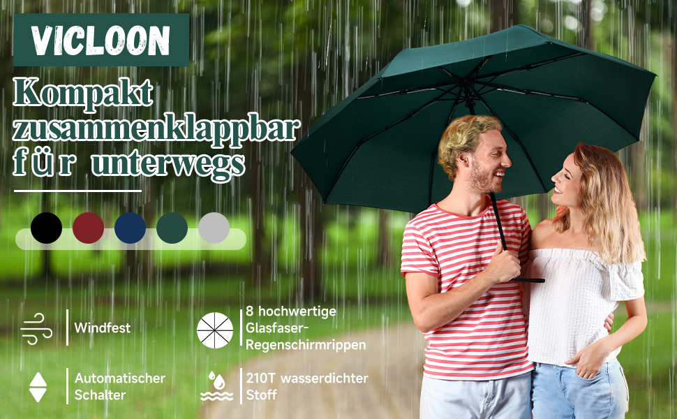 Віклуон парасолька автоматична, 8 спиць, тефлонове покриття, компактна, для подорожей, гольф, темно-зелена