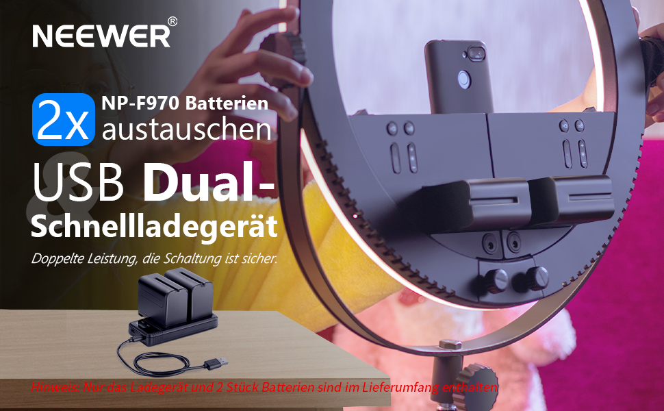 Зарядний пристрій NEEWER Dual USB з 2 акумуляторами 6600mAh NP-F970 та швидкою зарядкою для Sony NP-F970/F960/F950/F770/F750/F570/F550, Handycam, LED-ліхтарі, моторизовані слайдери NW-F970 DQ-F970