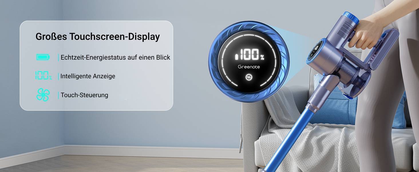 Greenote GSC60 Бездротовий акумуляторний пилосос, 33000Pa, з сенсорним екраном, до 40 хв роботи, 10 в 1, тихий, для твердих поверхонь, килимів, шерсті тварин