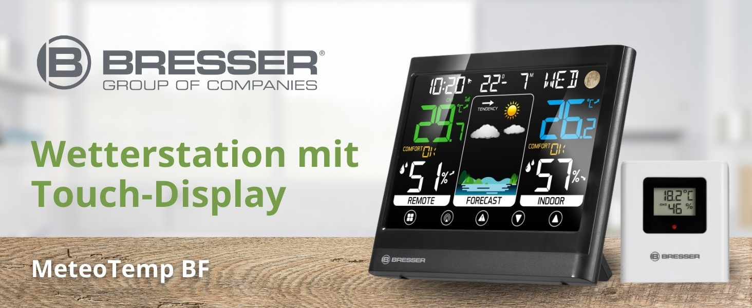 Метеостанція Bresser MeteoTemp BF з сенсорним дисплеєм, зовнішнім датчиком, прогнозом погоди, індикатором клімату, DCF-годинником та будильником