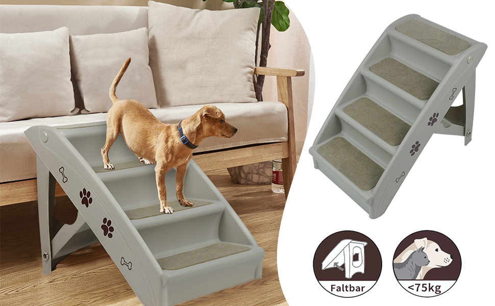 YRHome Foldable Pet Stairs - 4 Step Dog Ramp for Cats & Dogs up to 75kg - Non-Slip Mat & Support Bar - Grey