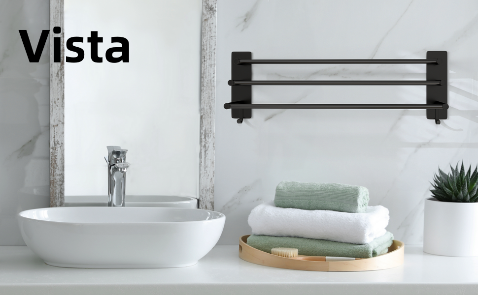 Тримач для рушників Vista з 3-ма штангами, без свердління, нержавіюча сталь SUS304, сріблястий, з двома гачками, 60 см, для кухні, ванної кімнати, спальні