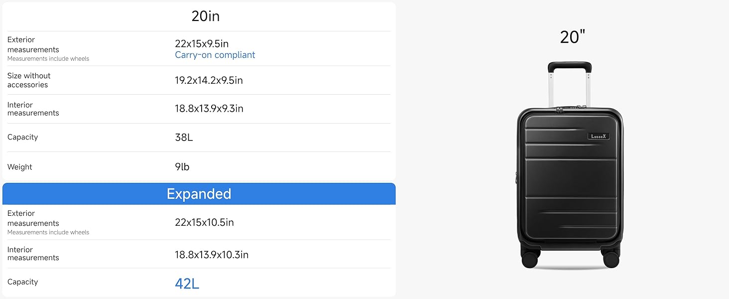 Чемодан-валіза LUGGEX на ручках з відділенням для ноутбука – розширюваний жорсткий валіза з полікарбонату з TSA-замком (Чорний, 56×38×24 см)