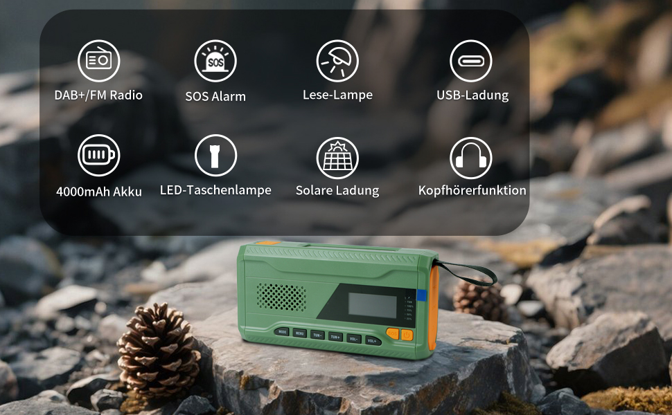 Радіо Alika для надзвичайних ситуацій: радіо з ручним приводом, FM/DAB+/DAB, сонячне, з Powerbank 4000mAh, зарядкою для телефону, USB, SOS-сигналом, ліхтарик (3 режими), для відпочинку на природі, кемпінгу (армійний колір)