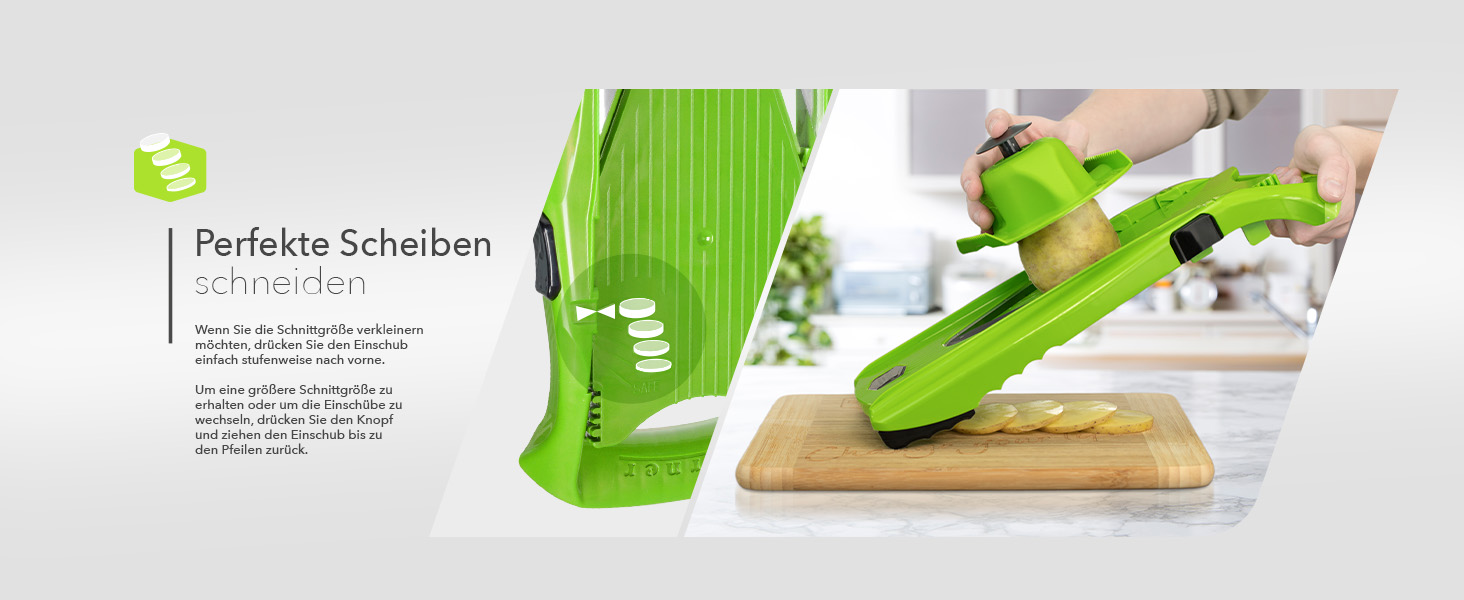 Овочерізка Börner V5 Profi Set, 7-в-1, з 10 видами нарізки, нержавіюча V-подібна лезо, кухонний хобель із док-станцією, зелений колір