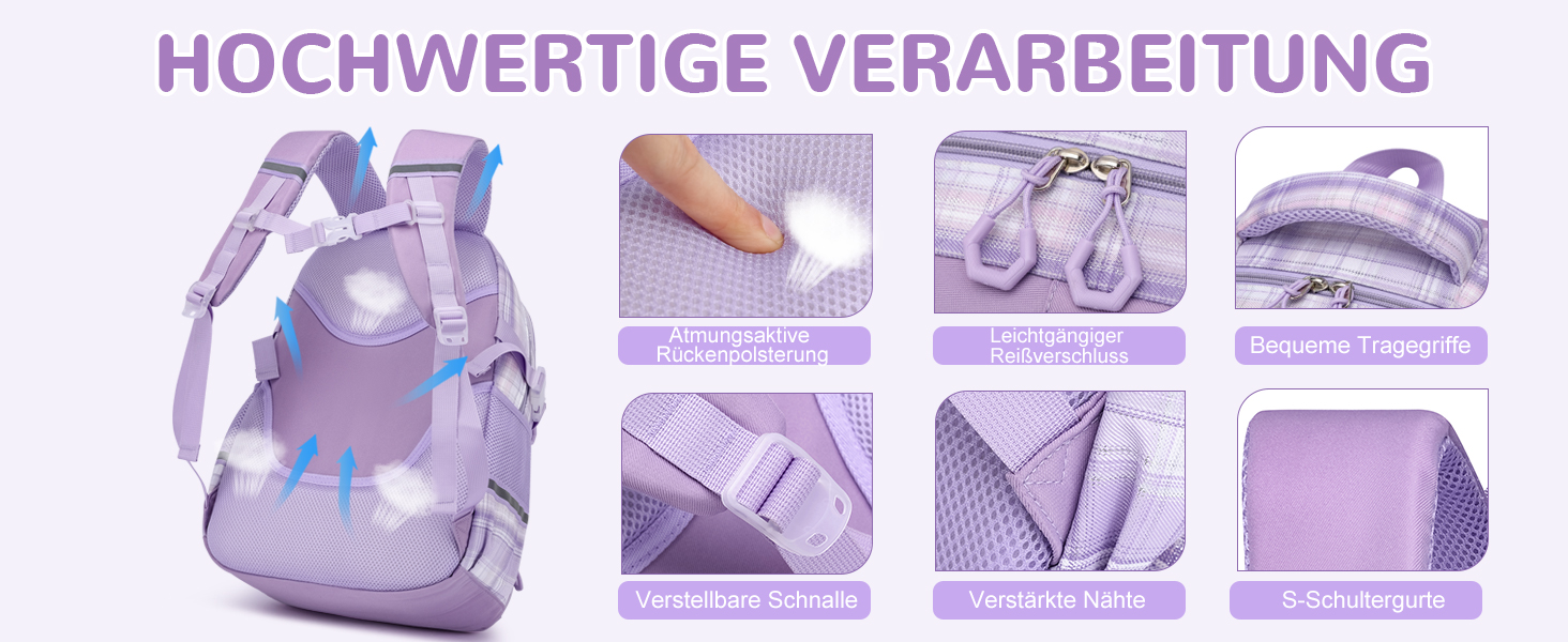 Шкільний рюкзак для дівчаток з візерунком, дихаючий та водовідштовхуючий рюкзак для 1-5 класів (рюкзак для дітей + ізольована ланч-торбинка + пенал, фіолетовий)