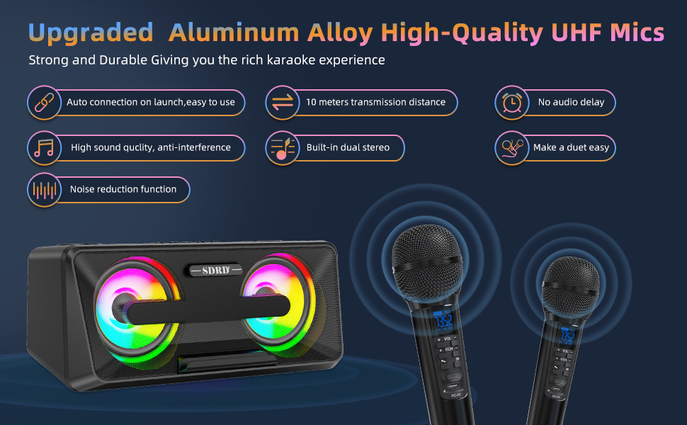 Караоке машина для дорослих та дітей з 2 бездротовими мікрофонами, Bluetooth, світлові ефекти, підставка для телефону, портативна PA система для дому, вечірки, пікніка (чорний)
