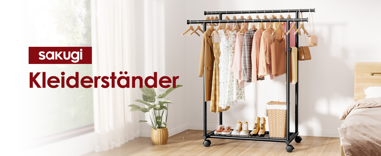 Стійка для одягу на колесах з подвійною перекладиною та сітчастим дном, 98 x 42 x 150 см, Чорний