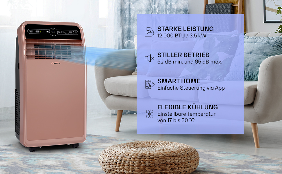 Мобільний кондиціонер Klarstein з витяжним шлангом, 4-в-1: кондиціонер, вентилятор, осушувач повітря та нічний режим, компактний та портативний для дому та офісу, низьке енергоспоживання, 7000 BTU, білий (12000 BTU, рожеве золото)