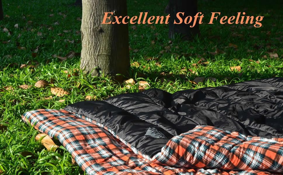 Cotton Flannel Double Sleeping Bag for Camping, Hiking, and Backpacking - Queen Size 2 Person Waterproof Sleeping Bag for Adults & Teens - Lightweight (Black/Orange)