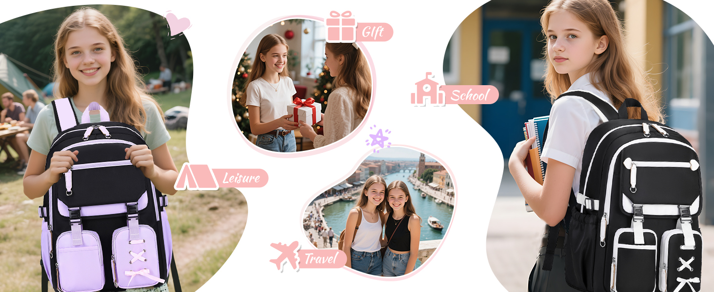 Шкільний рюкзак Tanou для дівчаток-підлітків, великий, стильний, водонепроникний, 9-18 років, з ременем для візка, чорний