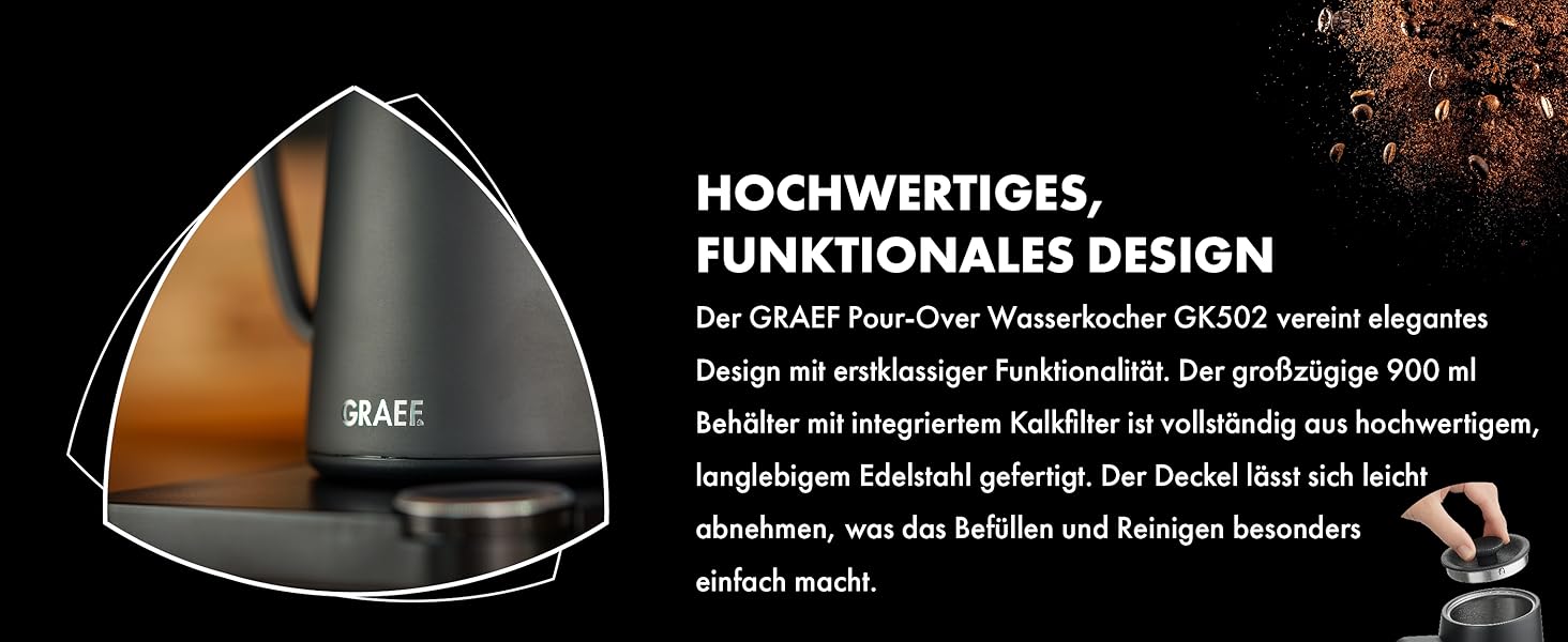 Чайник Pour-Over GRAEF GK502, з регулюванням температури та таймером, з гусячим носиком, 900 мл, матовий чорний