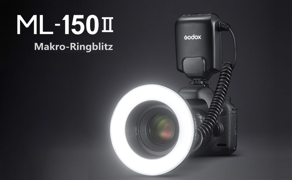 Godox ML-150II Макро-кільцевий спалах: 11 рівнів яскравості, кольорова температура 5800K, GN12, швидка перезарядка, 8 адаптерних кільця для Canon, Nikon, Sony DSLR камер