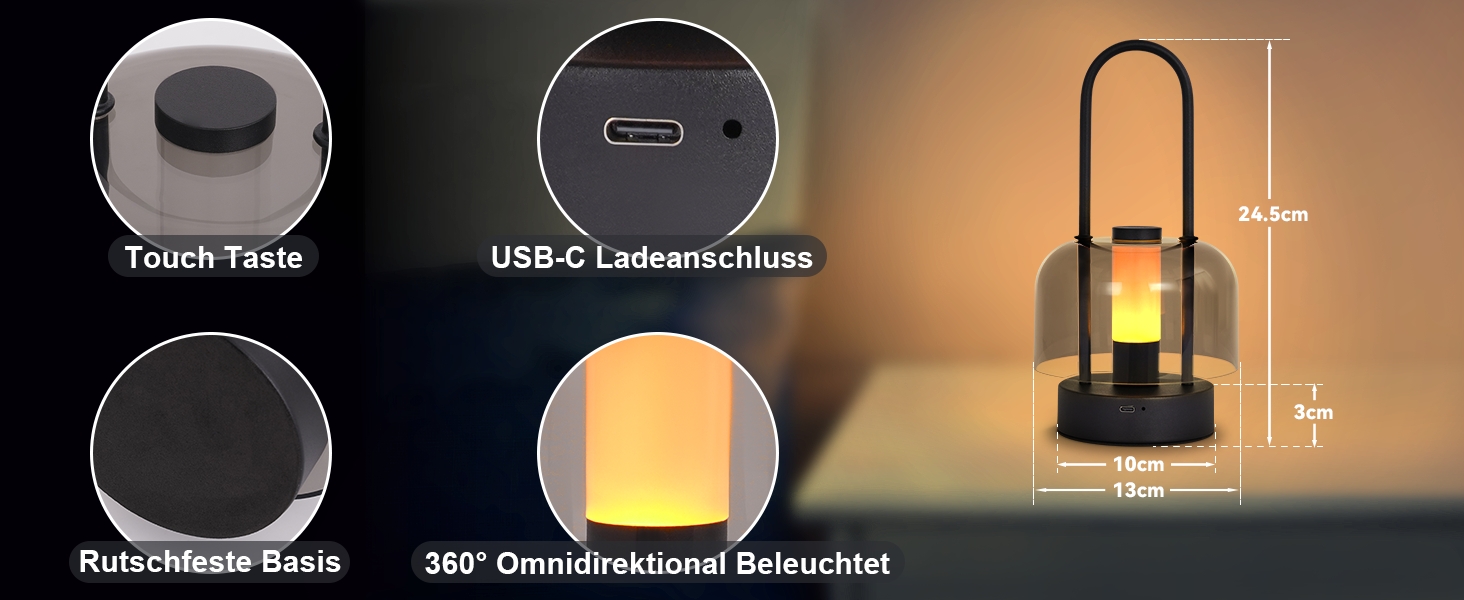 LED настільна лампа Homefire з регулюванням яскравості - акумуляторна, USB-C, 1800K-6500K, метал+акрил, чорна, з функцією пам'яті, для дому (портативна)