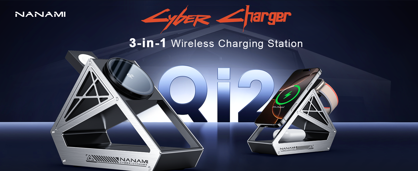 Зарядний пристрій NANAMI 3-в-1 MagSafe: для iPhone 17, 15, 14, 13, 12, Apple Watch, AirPods. Чорний, 15W, Qi2, MagSafe