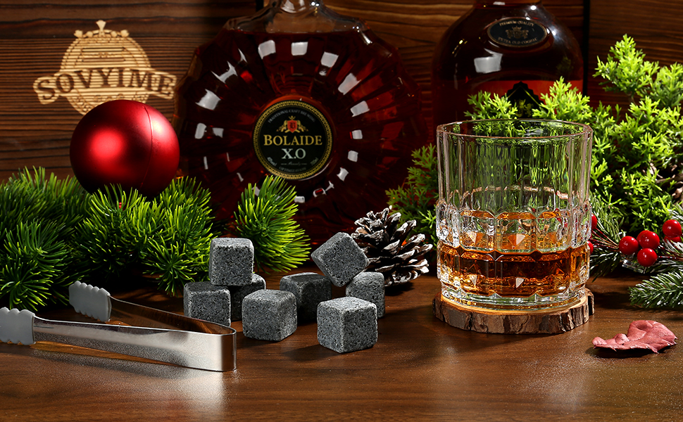 Склянки для віскі з гранітними кубиками льоду, 2 шт., дерев'яна подарункова коробка, 310 мл, з рельєфним візерунком