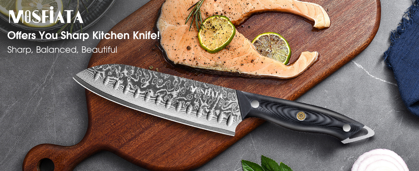 Ніж кухарський MOSFiATA Damast 8 дюймів - Японський ніж з дамаської сталі, з чохлом, захистом для пальців та подарунковою упаковкою