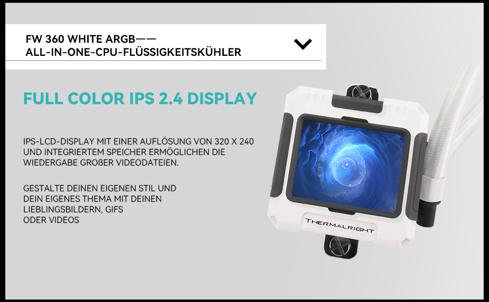 Водяне охолодження CPU TR HW 360 Weiß ARGB з IPS LCD екраном 320x240 для AM4/AM5/Intel LGA1700, магнітний дисплей 2.4