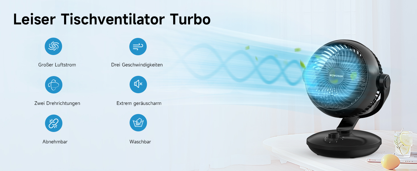 WOWDSGN Вентилятор для дому: тихий настільний циркулятор повітря 24dB, 3 швидкості, 100°/80° осциляція, чорний Xd-1586fc