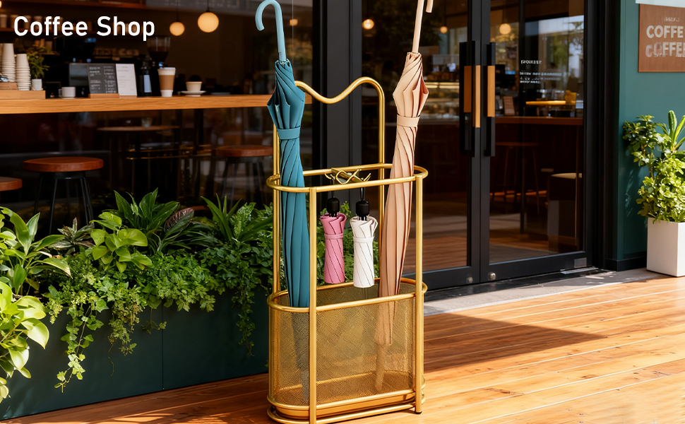 Металева підставка для парасоль та тростинок SINBINTA, з гачками та піддоном, для прихожого/входу (Золота)