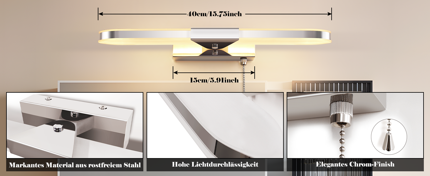 Світильник для ванної MantoLite LED з вимикачем, 40 см, 8 Вт, 3000K, настінна лампа для дзеркала з нержавіючої сталі й акрилу, сучасне підсвічування для готелю, ресторану