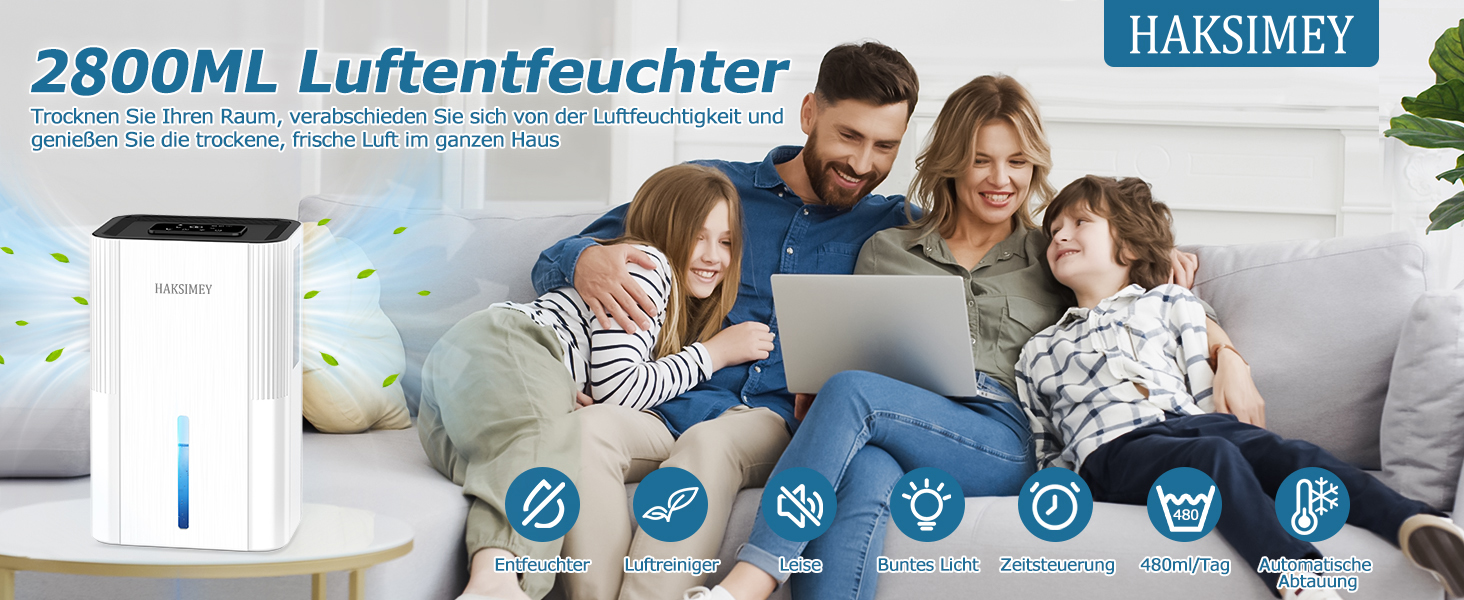 Електричний осушувач повітря 2800 мл | Тихий осушувач для дому з авто-розморожуванням та таймером | Осушувач для підвалу, ванної кімнати | 7-кольорове LED підсвічування з нічним режимом, 500 мл/на добу