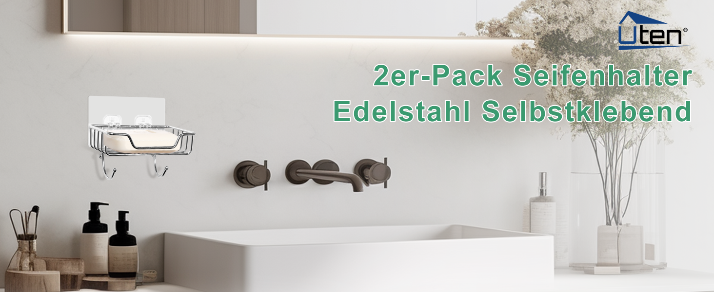 Тримач для мила без свердління Uten, нержавіюча сталь, самоклеючий, з 2 гачками, для душу, ванної, кухні (сріблястий, 2 шт.)