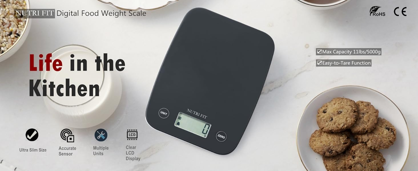 Кухонні ваги Nutri Fit: цифрова вага з нержавіючої сталі, ультраплоска, LCD-дисплей, 5 кг, 4 одиниці вимірювання