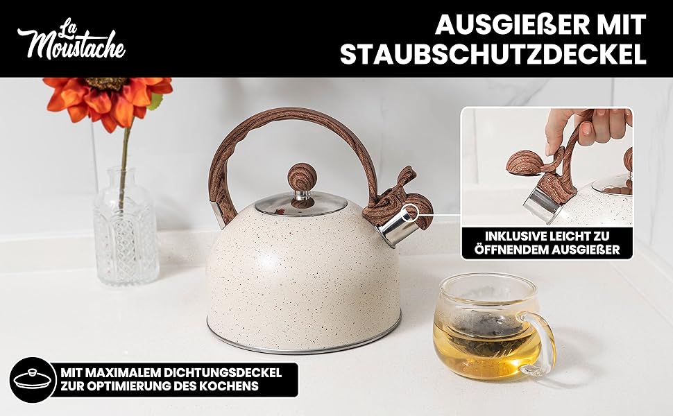 Чайник La Moustache Induktion: 2,5 л, 10 чашок, з нержавіючої сталі, з термостійким ручками та кришкою, для всіх плит (Бежевий)