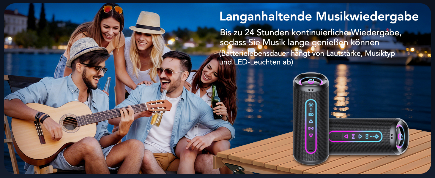Bluetooth колонка з підсвіткою 25W, Bluetooth 5.4, Dual Bass, 24 год, IPX7 водонепроникна, портативна колонка для вечірок, подорожей, AUX/TF, Чорна