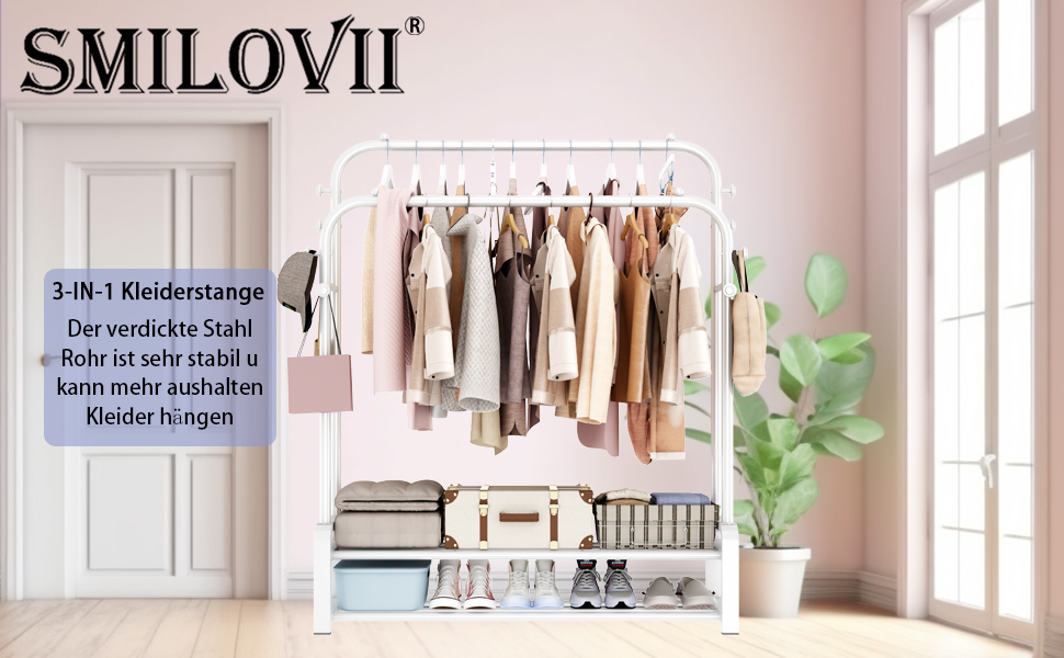 Freestanding clothes rack with double rod design, clothes hangers, 8 hooks, and 2 shoe shelves - Multifunctional wardrobe stand in white for the bedroom