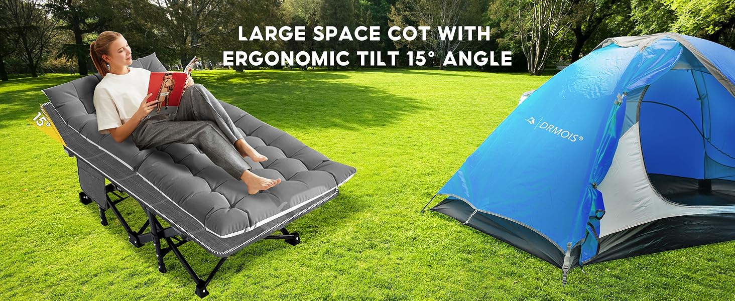 Розкладне ліжко для кемпінгу DRMOIS: велике (XXL), 81 см, вантажопідйомність 400 кг, з ізольованим килимком, сіре