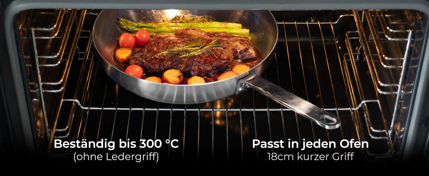 Сковорода нержавіюча WALDWERK 28 см індукційна, жароміцна - без покриття, з шкіряною ручкою