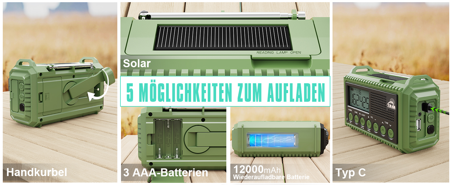 Радіо на батареї 12000mAh | Радіо з ручкою та сонячною панеллю | AM/FM/SW, SOS, USB-C | Водонепроникне IPX4, ліхтарик, для кемпінгу та відпочинку на природі