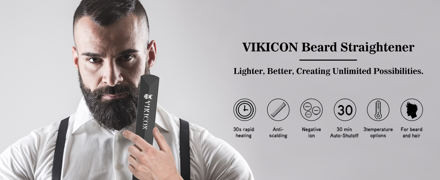 VIKICON Men's Beard Straightener - Mini Electric Beard Flat Iron, 30s Style Heated Brush Comb, Ionic Hair Straightener for Long & Short Beard Styling - Black