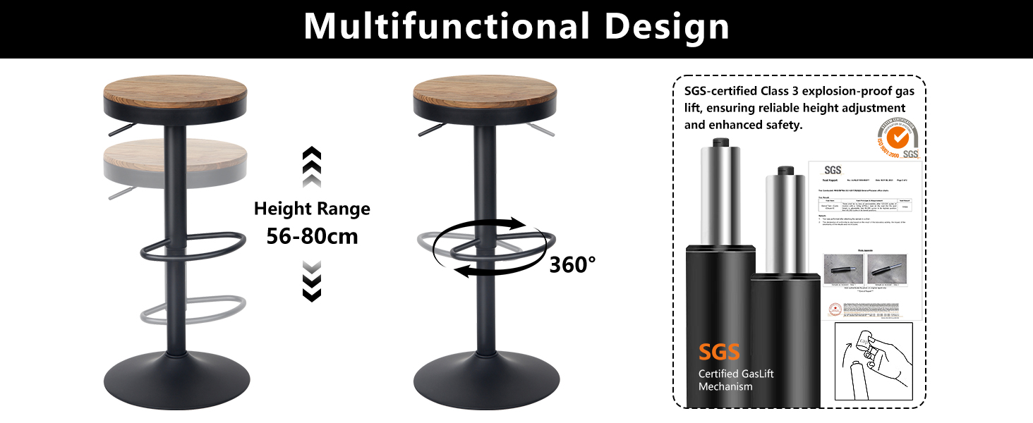 YOUNIKE Adjustable Swivel Bar Stools 2-Pack - Black Wood Kitchen Bar Stools with Footrest - Vintage Style
