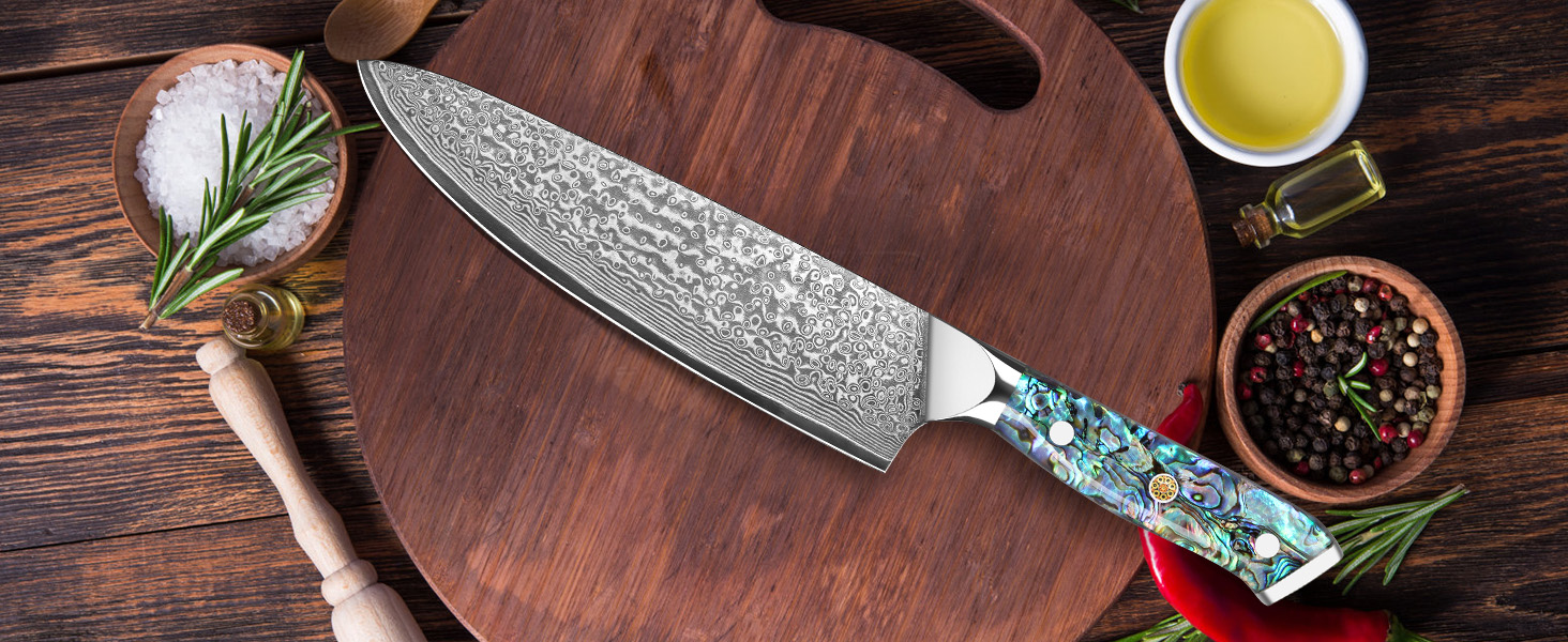 Ніж Santoku з дамаської сталі 18 см: преміум якість, VG-10 сталь, ручка з мушлі Абалоне, подарункова коробка