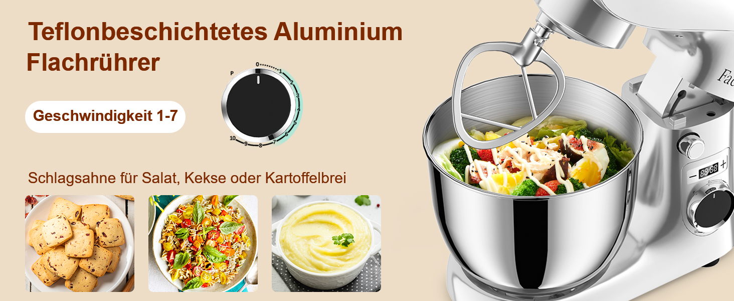 Кухонна машина-міксер Facelle 1500W з 5.5/4.5л чашею, 10+ програм, тиха робота, набір насадок (крюк, вінчик, віночок, захист від бризок)