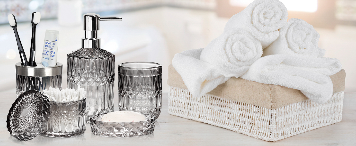 Набір аксесуарів для ванної кімнати 5 предметів: дозатор для мила та лосьйону, склянка для зубних щіток, стаканчик, мильниця, органайзер (чорний/прозорий) - сучасний декор для ванної, кухні, туалетного столика