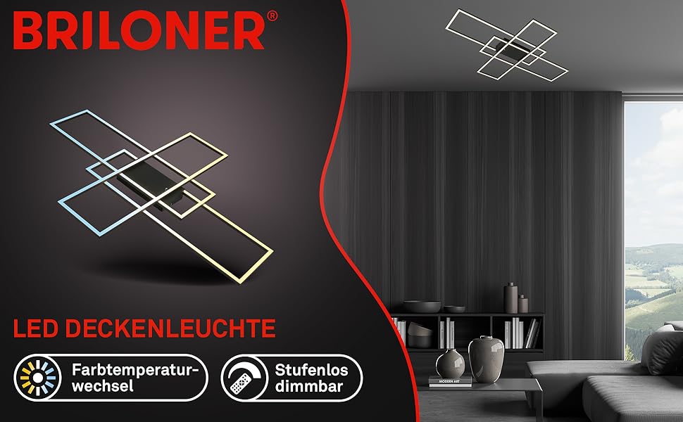 BRILONER LED стельова лампа з пультом, диммована, регульована температура світла, для вітальні, спальні, кухні, 104x42x10 см, чорна